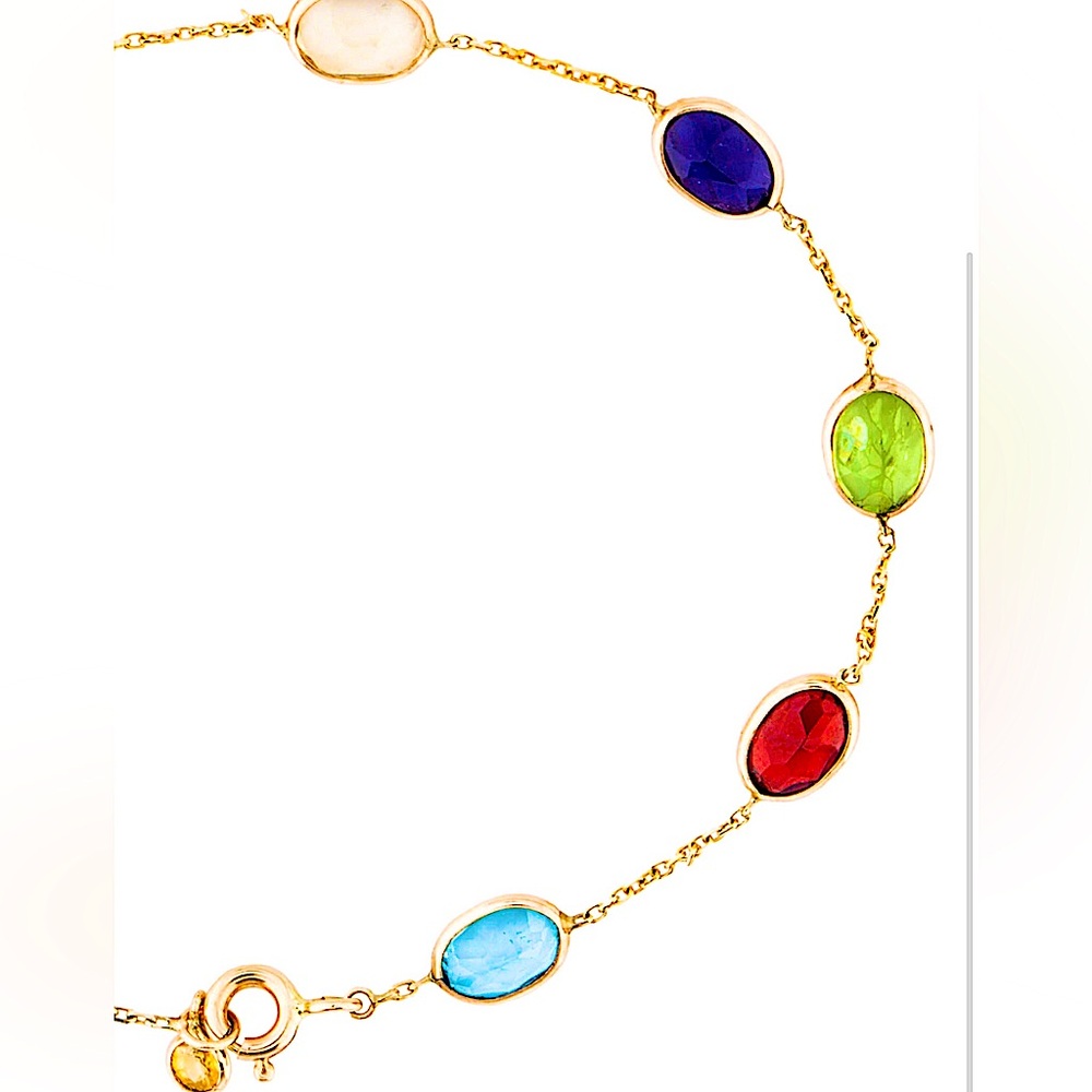 14K Gold Chain Bracelet with Colorful Multi Gemstones - Picture 6 of 12